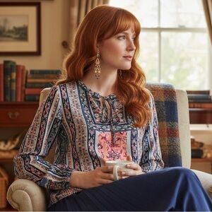 Tribal Pink Blue Floral Bohemian Blouse Top Size S